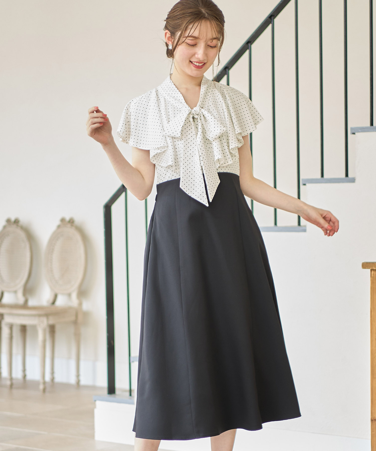 ドットボウタイリボンラッフルスリーブドッキングワンピース【pyleas ピリアス】 tocco closet(トッコクローゼット)