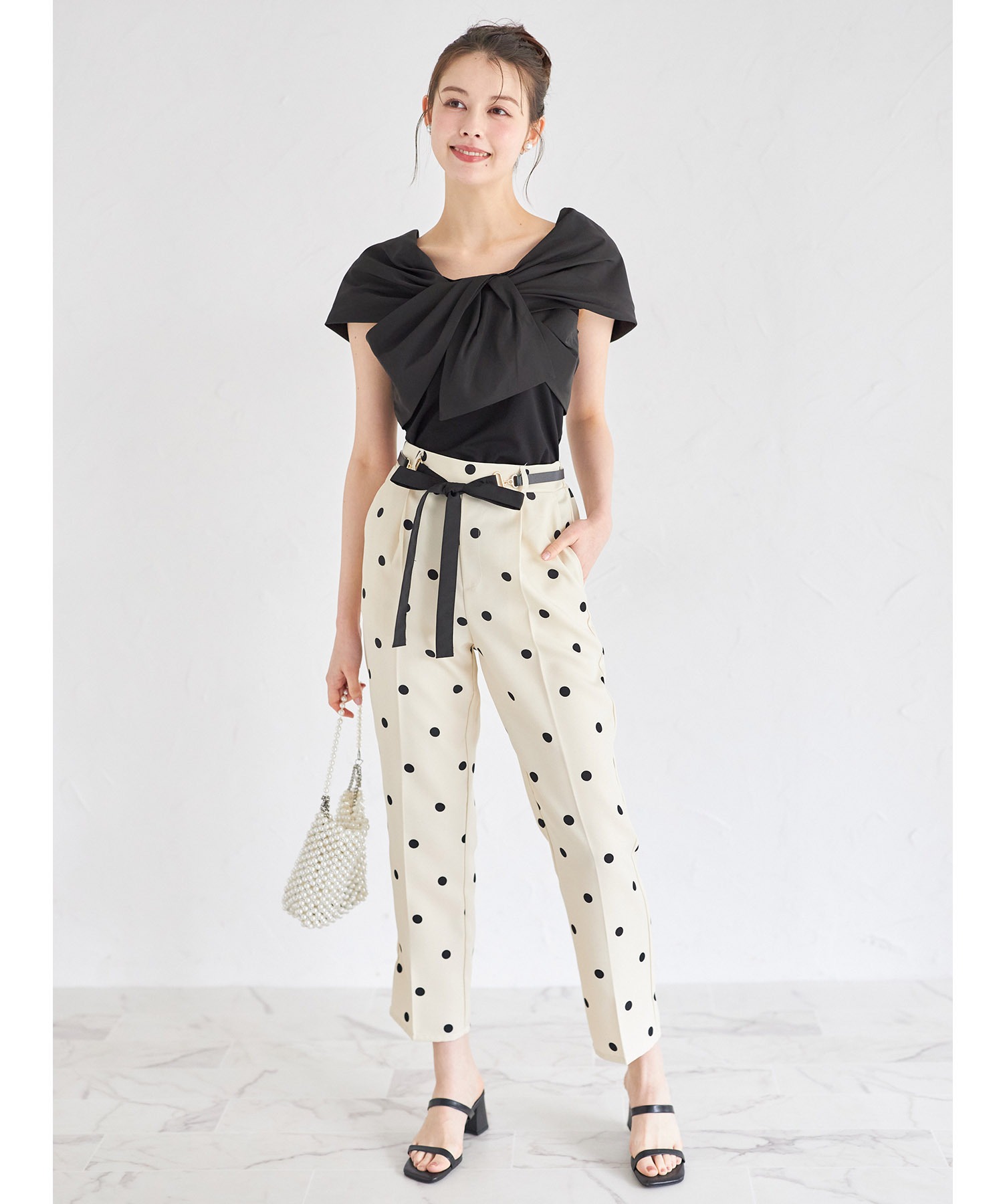 リボンベルト付きドットツイルパンツ 6月16日(月)オフィシャルサイト限定再販☆【pynelle フィネル】 tocco closet(トッコクローゼット)※少量の在庫確保による再販売の為、交換は出来かねる場合がございます。予めご了承ください。