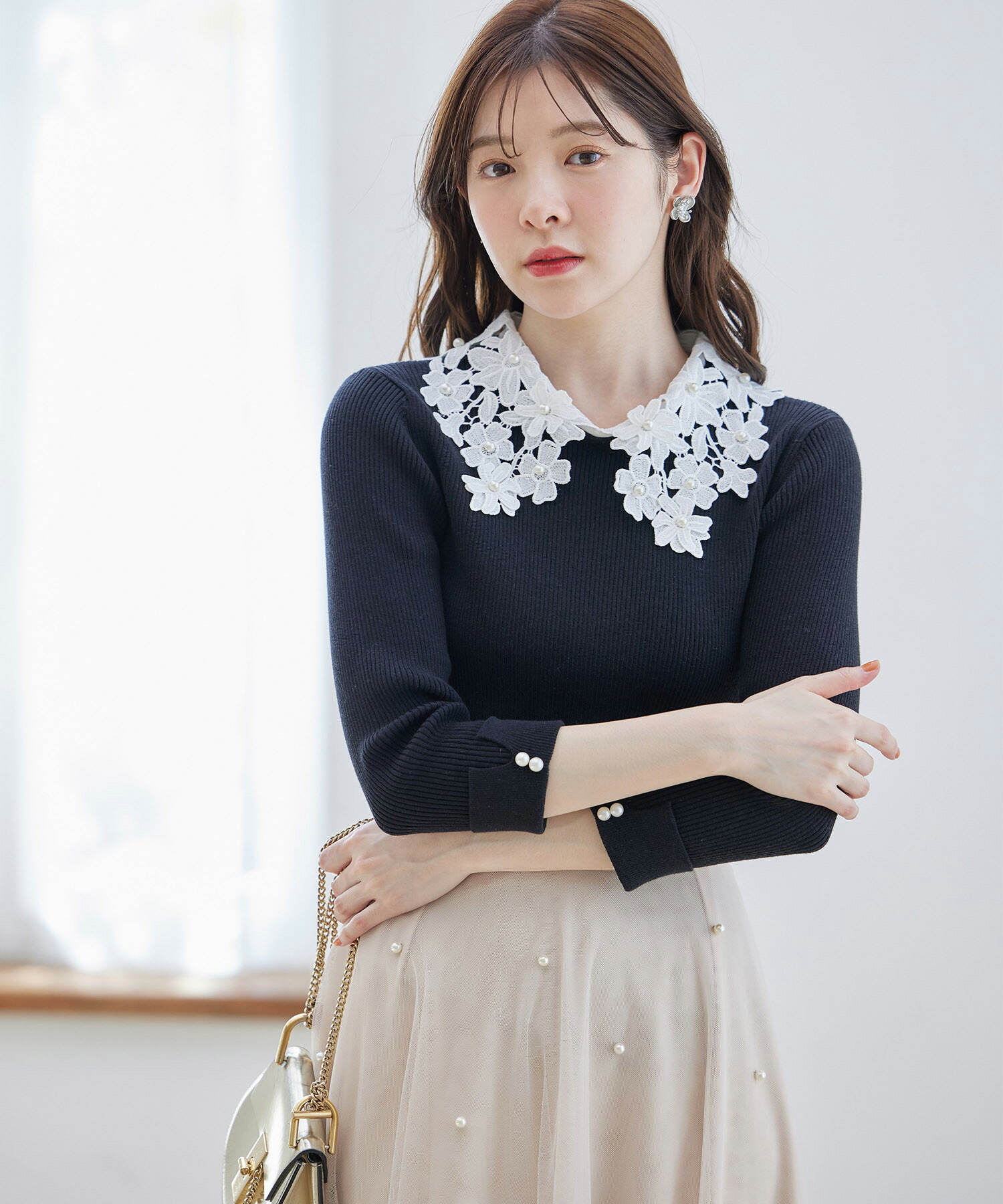 ２ＷＡＹレース襟付き袖口パール装飾リブニットプルオーバー 3月9日(日)再販決定☆【ranbery ランベリー】 tocco closet(トッコクローゼット)≪tocco closet luxe≫