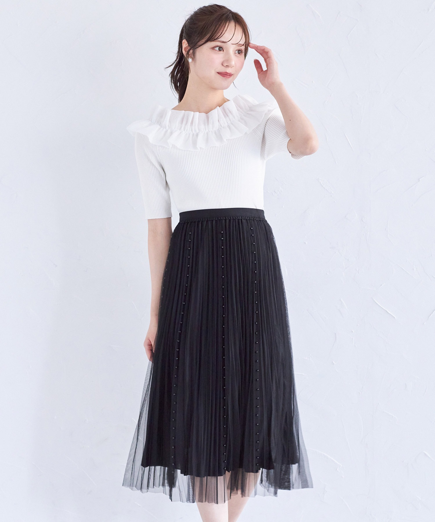 ビーズ付きウエストプチフリルプリーツチュールスカート【ricotea リコティア】 tocco closet(トッコクローゼット)　＊スペシャルプライス品につき返品/キャンセル/配送日指定不可/ラッピング不可/少量在庫のセールの為交換は出来かねる場合がございます。