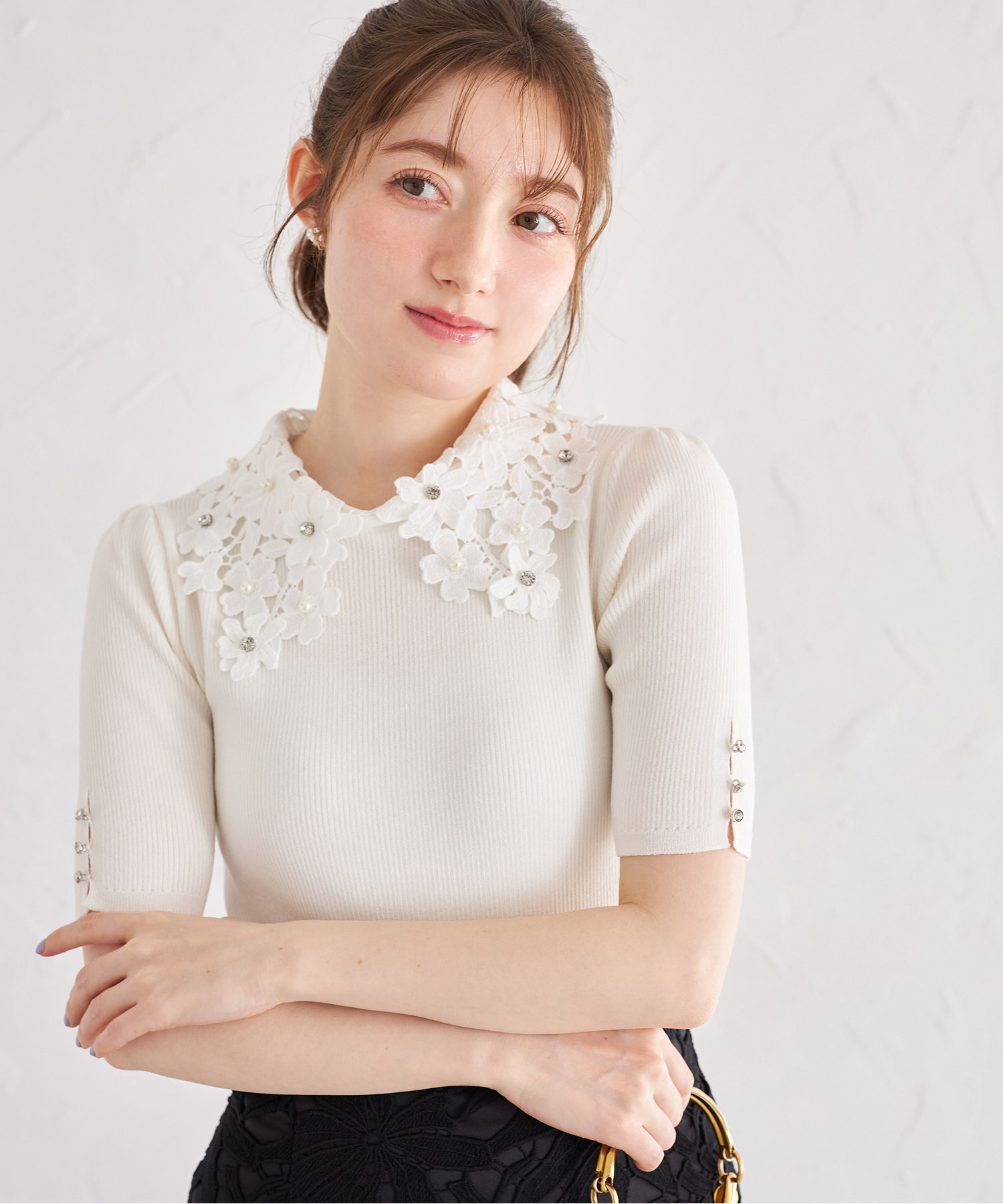 tocco トッコクローゼット　２ＷＡＹフラワーレース襟付きリブニットプルオーバー