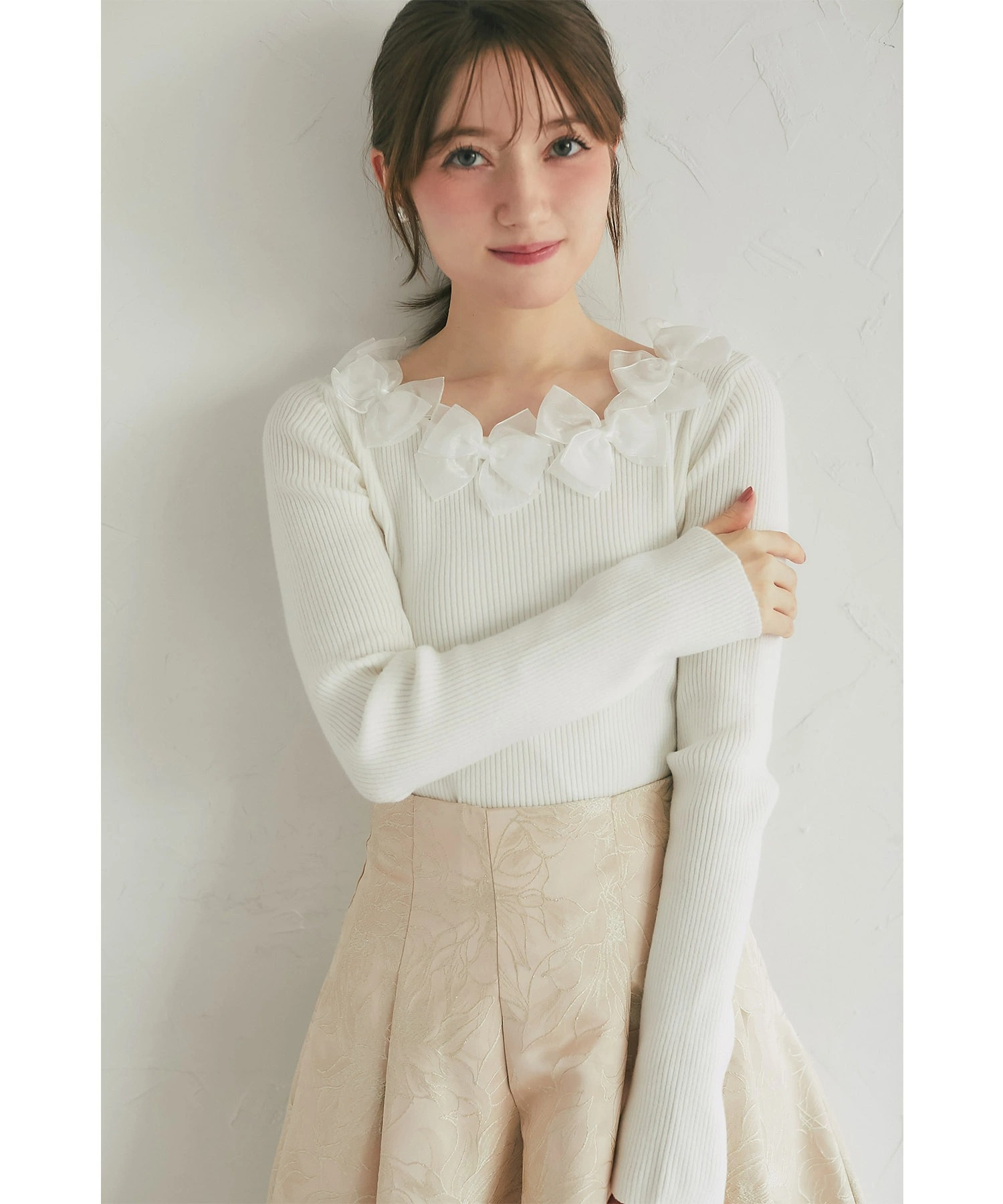 tocco トッコクローゼット　シアーリボン付きリブニットプルオーバー