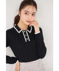 フラワー釦スカラップ配色ミニケーブルニットプルオーバー tocco closet(トッコクローゼット)　《KnitCollection》