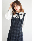ベロアリボン付きフロッキーハート×チェック柄切り替えミニワンピース tocco closet ＊スペシャルプライス品につき返品/キャンセル/配送日指定不可/ラッピング不可/少量在庫のセールの為交換は出来かねる場合がございます。