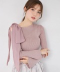 肩リボン付きフレアスリーブリブニットプルオーバー tocco closet(トッコクローゼット)《RibbonCollection》
