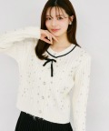 ビジュー＆リボン付きバイカラーケーブル編みニットカーディガン tocco closet(トッコクローゼット)　