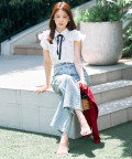 【Ｓ・Ｍサイズ展開】レースラインストレートデニムパンツ tocco closet(トッコクローゼット)《SummerVacationStyle》《DenimCollection》※鈴木ゆうかさんはホワイト、川村結衣さん＆麻亜里さんはサックス着用