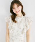 5月上旬～中旬販売予定！入荷連絡受付中☆シアージャガード×フラワープリントラッフルフリルバックレースアップワンピース