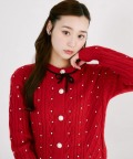 リボン＆ビジュー付きパール釦ケーブル編みニットカーディガン tocco closet(トッコクローゼット)