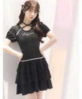 7月下旬販売予定！入荷連絡受付中☆ヘルシーに盛れる♪クロスネックリボン付きストーンロゴ装飾ドットカットミニワンピース Suyunn(スユン) ※松本ももなさんはブラック着用