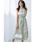 ドレープネックウエストシャーリングリリーフラワープリントワンピース tocco closet(トッコクローゼット)《tocco closet luxe》《SpringOuterCollection》※有村実樹さんはペールライム着用
