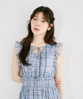 リボン＆フリル付きウエストシャーリングチェックプリーツワンピース   9/4～9/7限定タイムセール※柏木由紀さんはブルーグレー着用＊スペシャルプライス品につき返品/キャンセル/配送日指定不可/ラッピング不可/少量在庫のセールの為交換は出来かねる場合がございます