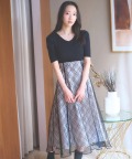 リブニット×スパンコールシアーチェックバックレースアップドッキングワンピース【lunea ルネア】 tocco closet(トッコクローゼット)※越智ゆらのさんはブラック着用