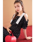 肩リボン付きパール装飾ハートドットワンピース【narcisa ナシーザ】 tocco closet ＊スペシャルプライス品につき返品/キャンセル/配送日指定不可/ラッピング不可/少量在庫のセールの為交換は出来かねる場合がございます。