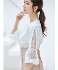 リボンモチーフ付き七分袖レース切り替えブラウス  5月14日(水)再販決定☆【rinora リノーラ】 tocco closet(トッコクローゼット) ≪Work Style≫