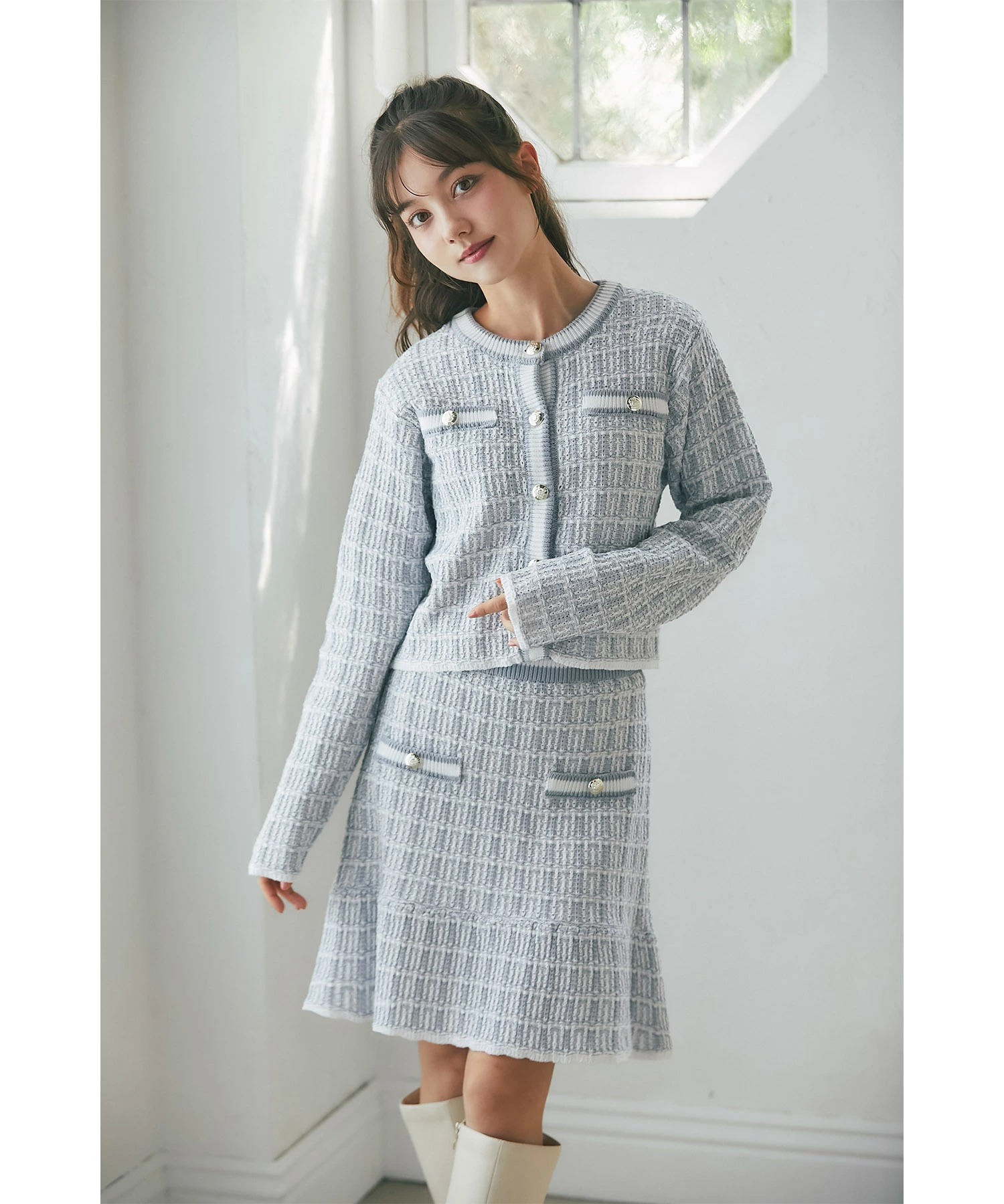 飾りポケット装飾ツイード風ニットミニスカート【sorina ソリナ】 tocco closet(トッコクローゼット) ＊スペシャルプライス品につき返品/キャンセル/配送日指定不可/ラッピング不可/少量在庫のセールの為交換は出来かねる場合がございます。
