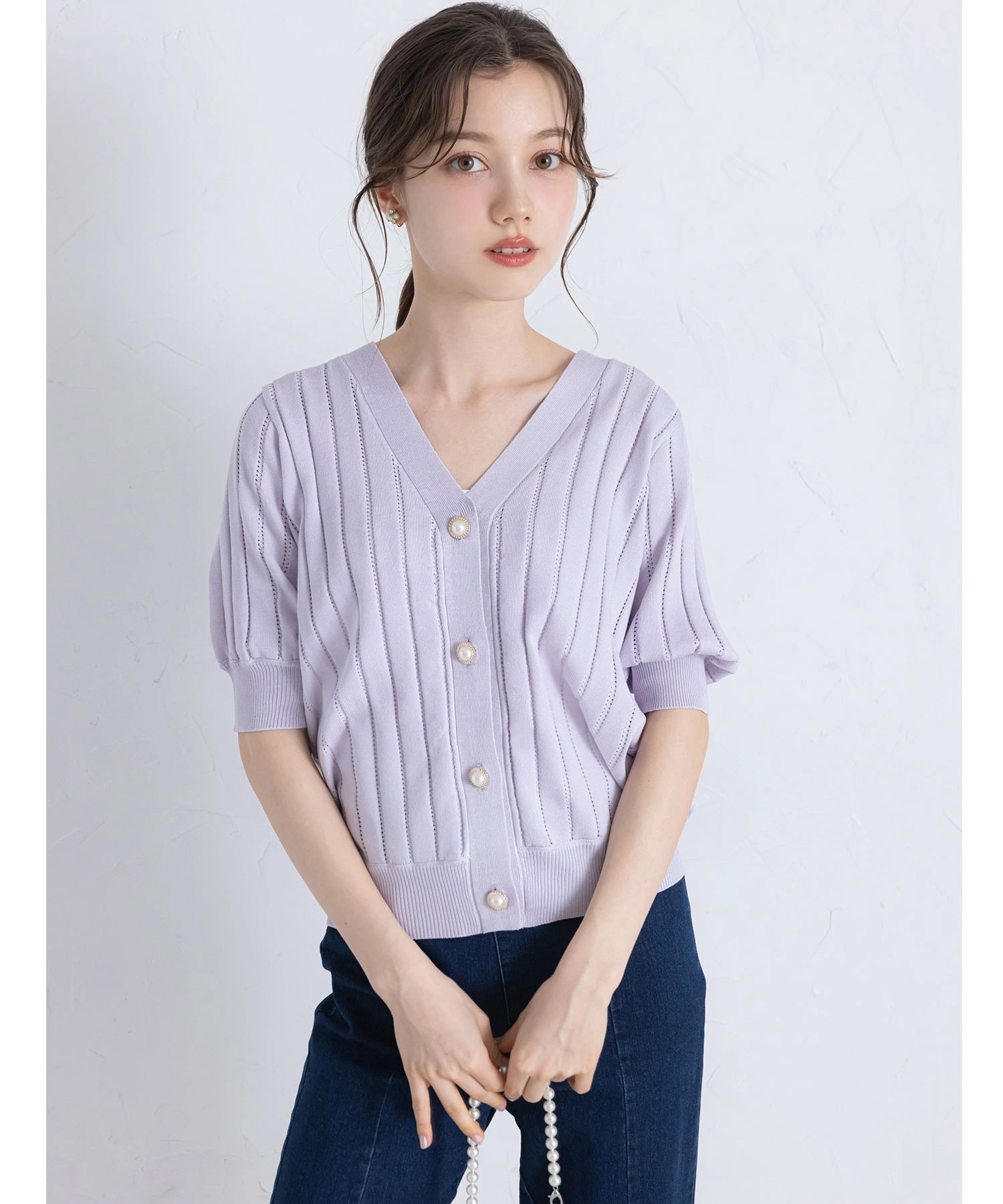 ＵＶカット＆接触冷感＆ハンドウォッシュ♪パール釦ストライプ透かし編みニットカーディガン【stelina ステリナ】 tocco closet(トッコクローゼット)