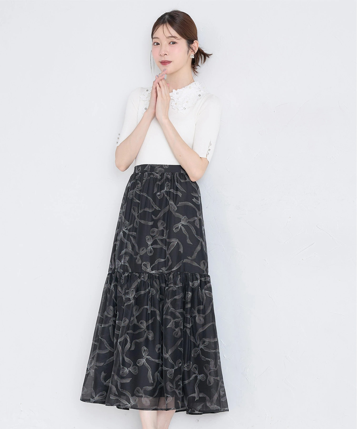 シアーリボンプリントティアードスカート 8月19日(火)オフィシャルサイト限定再販☆【varnia ヴァーニア】 tocco closet(トッコクローゼット)※少量の在庫確保による再販売の為、交換は出来かねる場合がございます。予めご了承ください。