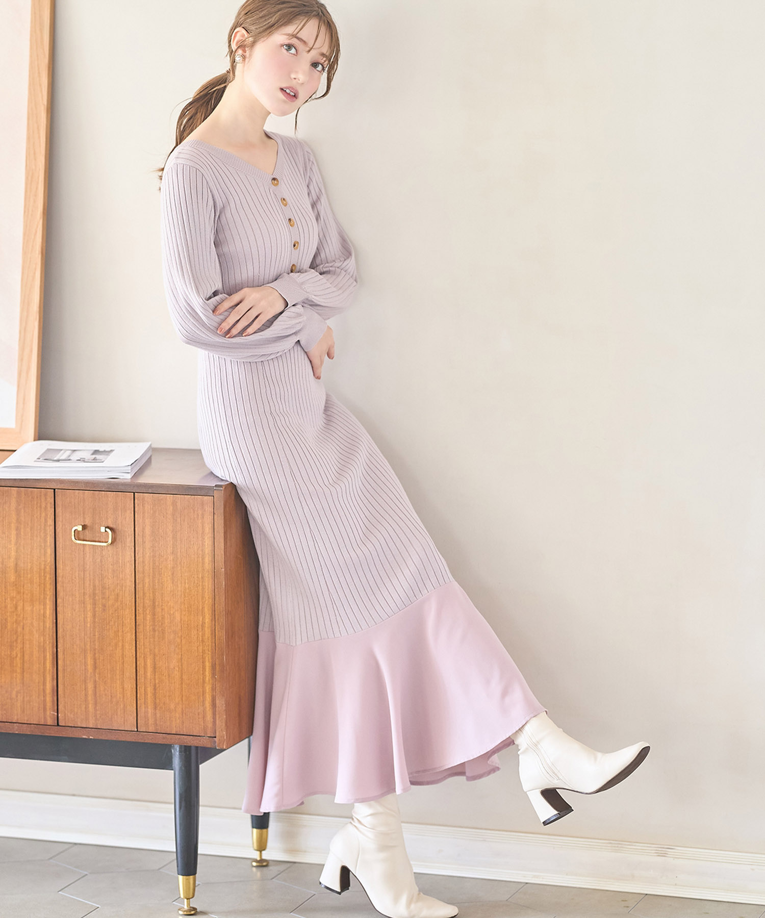 前後２ＷＡＹ裾ジョーゼット切り替えヘンリーネックリブニットワンピース【violea ヴィオレア】 tocco closet(トッコクローゼット)＊スペシャルプライス品につき返品/キャンセル/配送日指定不可/ラッピング不可/少量在庫のセールの為交換は出来かねる場合がございます。