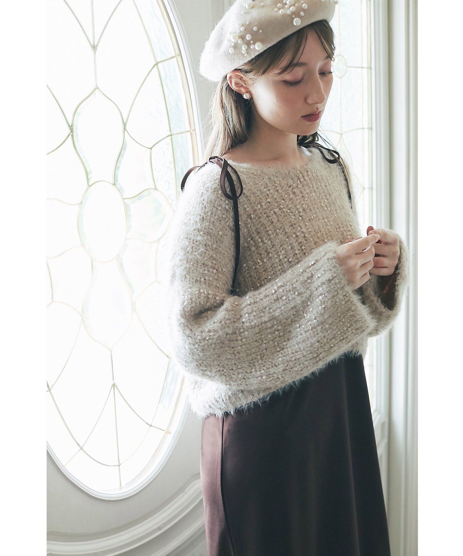 シャギーニットプルオーバー×リボンショルダーワンピースセットアップ 【vivendia】＊スペシャルプライス品につき返品/キャンセル/配送日指定不可/ラッピング不可/少量在庫のセールの為交換は出来かねる場合がございます。