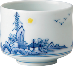 杵形ぐい呑み（ロクロ手）/染付月下山水