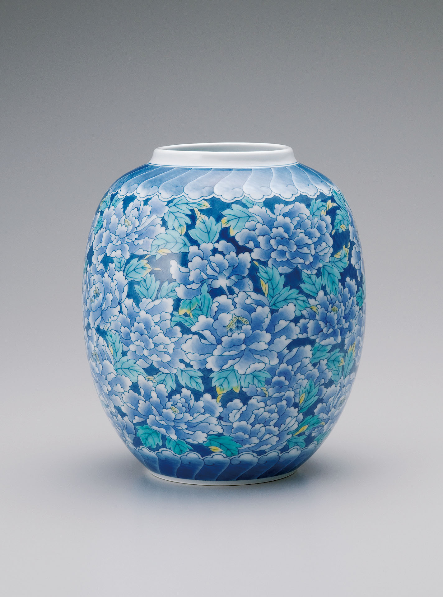 提灯花瓶―萌黄葉牡丹尽くし