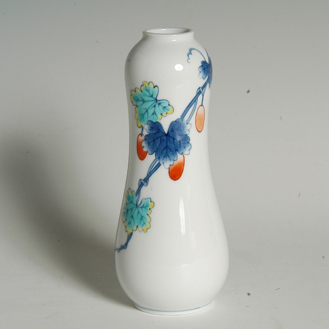 銅製:からす瓜模様丸形花器 (一鳳 作) うり型一輪差し-からすうり