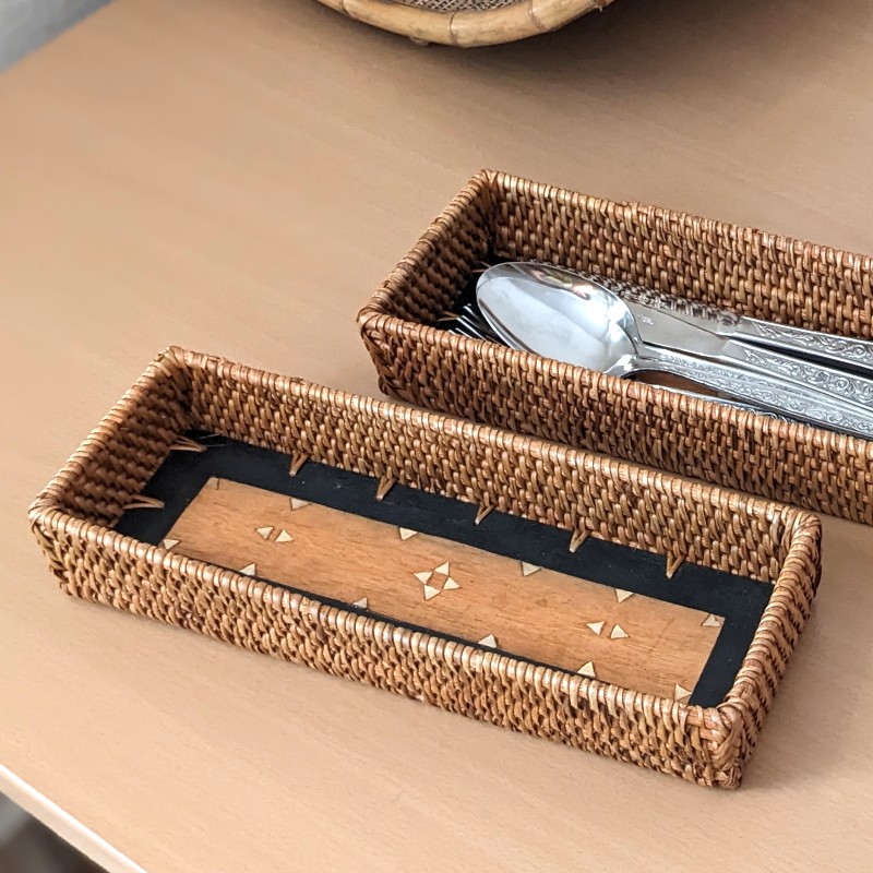 ラタンとウッドのカトラリーケース