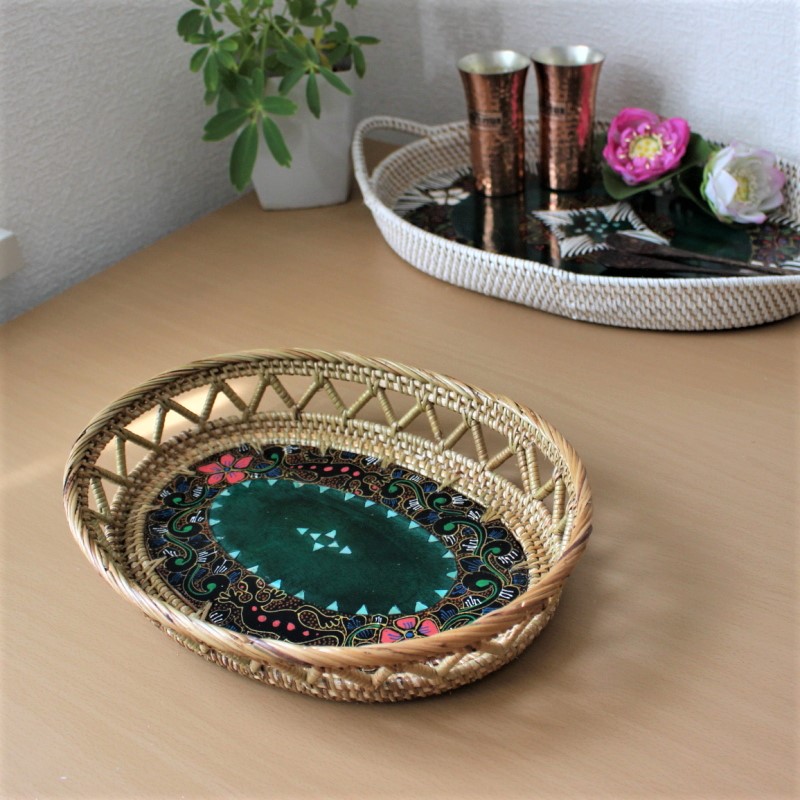 ラタンとウッドのペイントバスケット（グリーン）