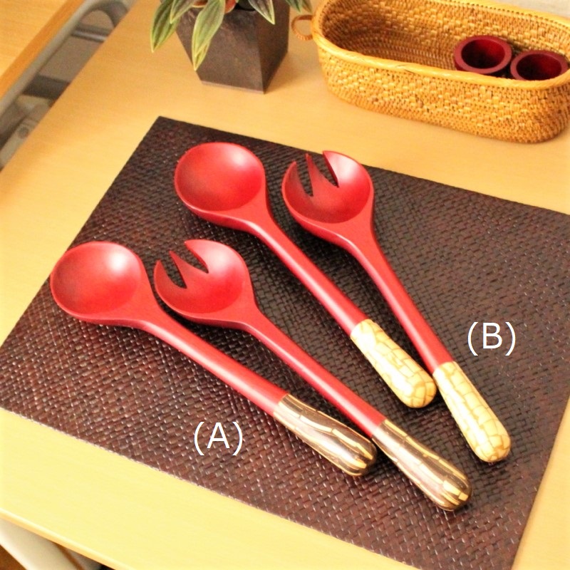 木製サービングスプーン＆フォーク（レッド）