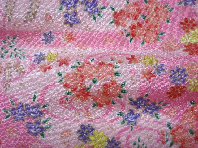 和柄 生地 京友禅 金彩ちりめん 百花 (桃) 10cm単位 切り売り