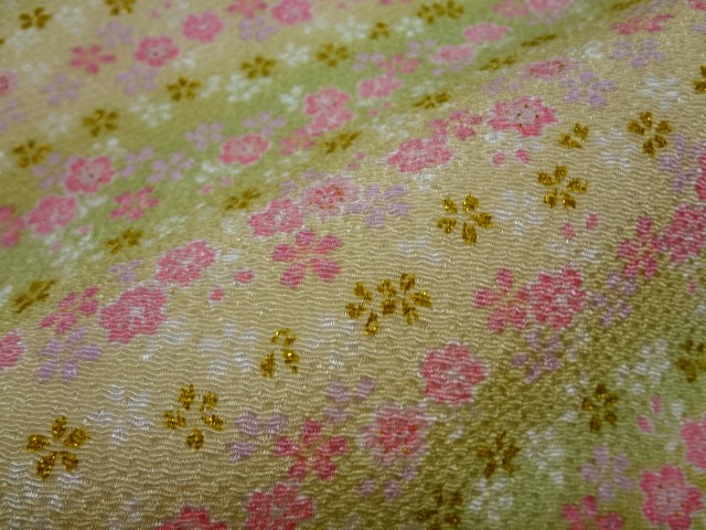 和柄 生地 京友禅 金彩ちりめん 小桜に抹茶霞 10cm単位 切り売り
