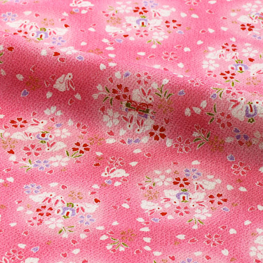 和柄 生地 京友禅 金彩ちりめん 宝にうさぎ (桃) 10cm単位 切り売り