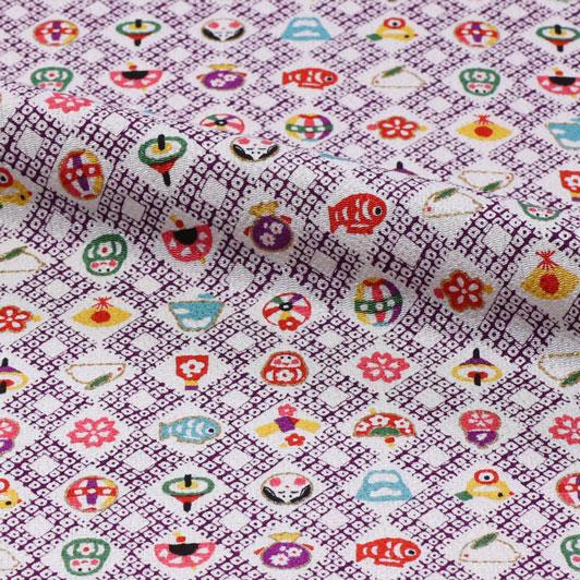 和柄 生地 京友禅 金彩ちりめん おもちゃ尽くし (紫) 10cm単位 切り売り