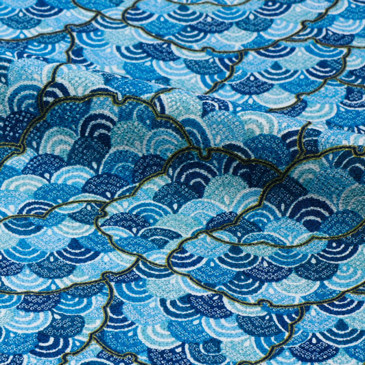 ☆レア☆ 青緑色と金色の波模様 半幅帯 金襴 生地 はぎれ 和柄 もりさん E 不織布貼り無し 青海波 派手な紫 幅