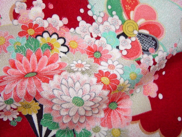 和柄 生地 京 一越ちりめん 花扇 (赤) 10cm単位 切り売り