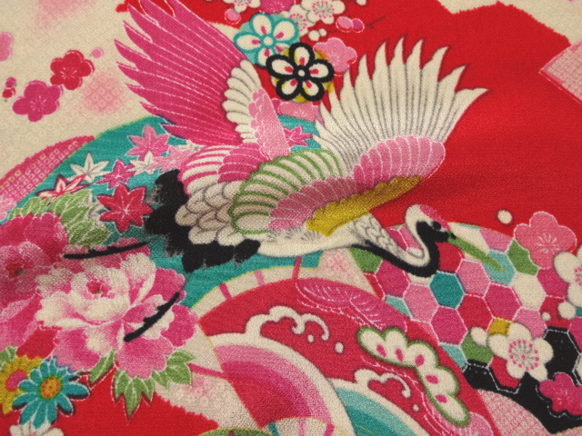 和柄 生地 京 一越ちりめん 鶴 (赤) 10cm単位 切り売り