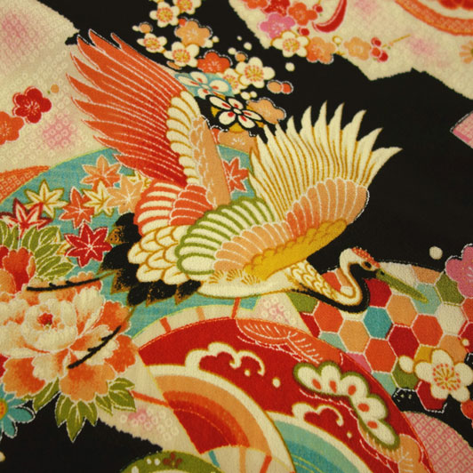 和柄 生地 京 一越ちりめん 鶴 (黒) 10cm単位 切り売り