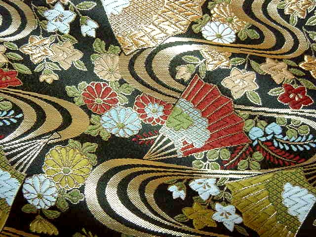 和柄 生地 京都 西陣織 金襴生地 流水に扇 10cm単位 切り売り