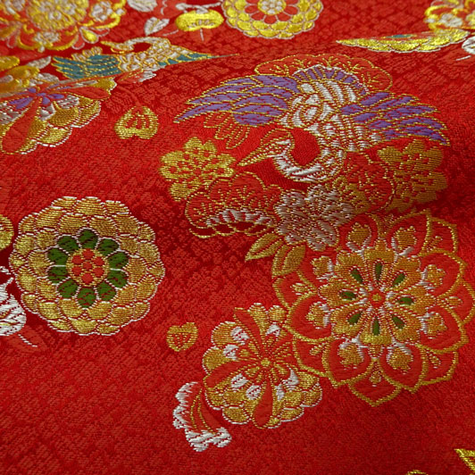 和柄 生地 京都 西陣織 金襴生地 華文鶴 (赤) 10cm単位 切り売り