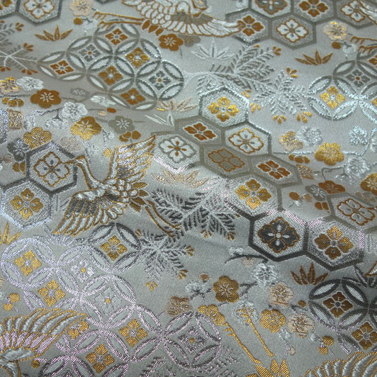 和柄 生地 金襴生地 有職鶴文様 (白) 10cm単位 切り売り