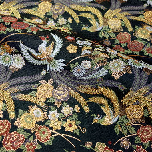 JA】豪華 黒地に金銀鳳凰牡丹文様 正絹 六通 袋帯