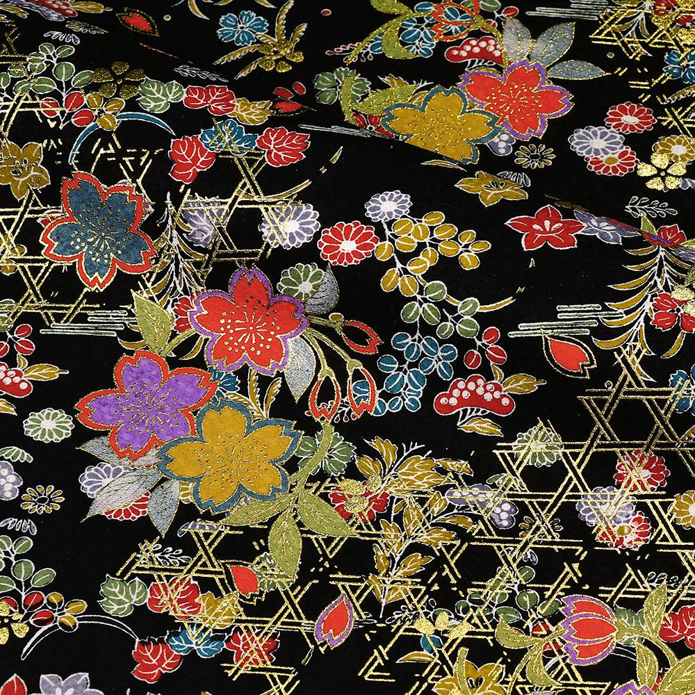 和柄 生地 京・金彩友禅 桜花籠目垣文 (黒) 10cm単位 切り売り