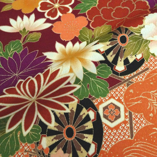 和柄 生地 京・金彩友禅 車文に橘菊牡丹  生地巾35cm×長さ162cm単位 切り売り パネル柄