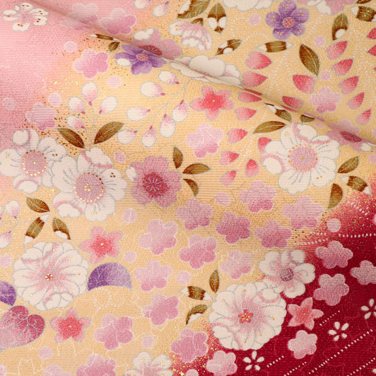 和柄 生地 京・金彩友禅 花霞に雪持花 (エンジ系) 生地巾38cm×長さ163cm単位 切り売り パネル柄