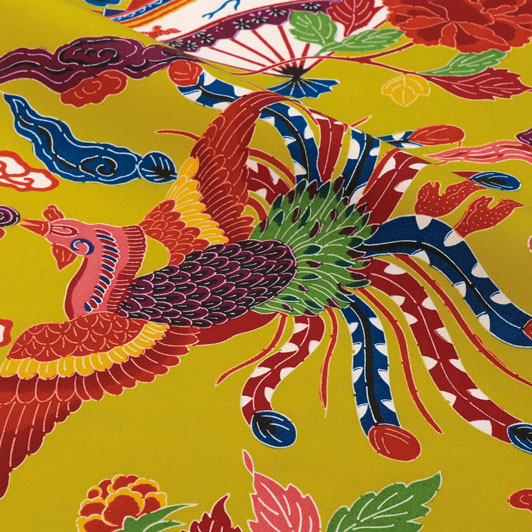 和柄 生地 紅型 びんがた 扇と鳳凰 (藤黄) 生地巾38cm×46cm単位 切り売り パネル柄