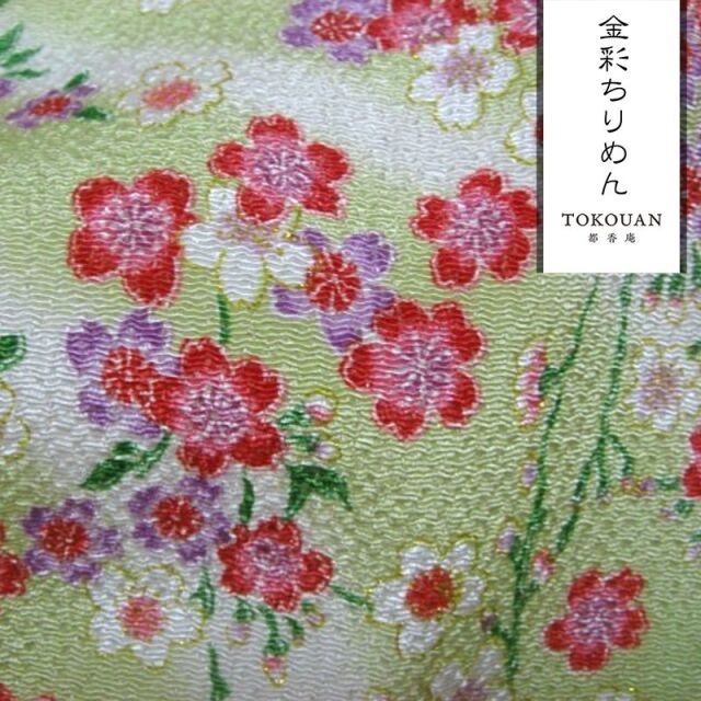和柄 生地 京友禅 金彩ちりめん 霞に桜 (全4色) 10cm単位 切り売り