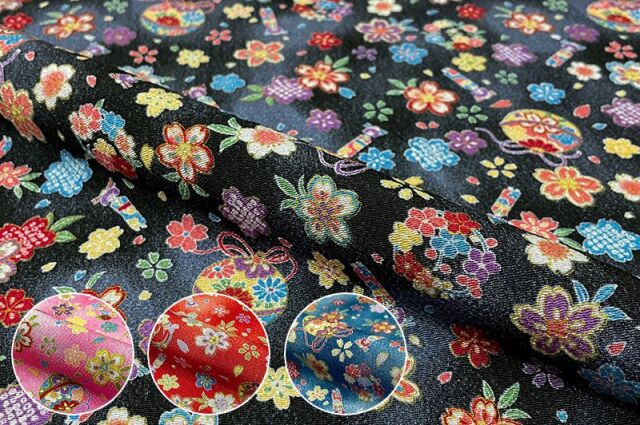 金彩ちりめん生地販売 手毬に人形桜柄の生地通販の都香庵