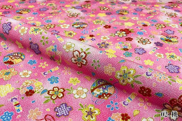 金彩ちりめん生地販売 手毬に人形桜柄の生地通販の都香庵