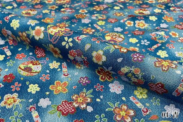金彩ちりめん生地販売 手毬に人形桜柄の生地通販の都香庵